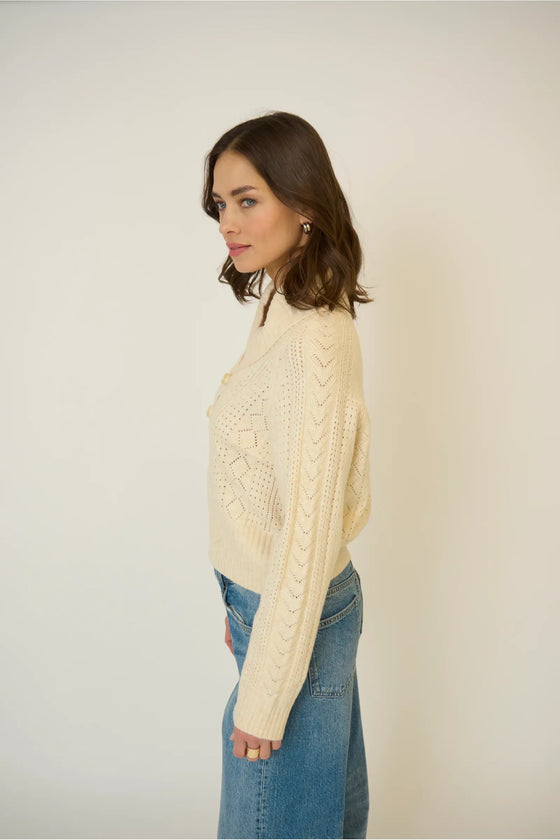 RAYNA SHAWL COLLAR POINTELLE CABLE PULLOVER