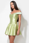 Darcy Off Shoulder Satin Drop Waist Mini Dress