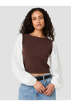 Maxime Contrast Sleeve Knit Top - Cocoa Brown