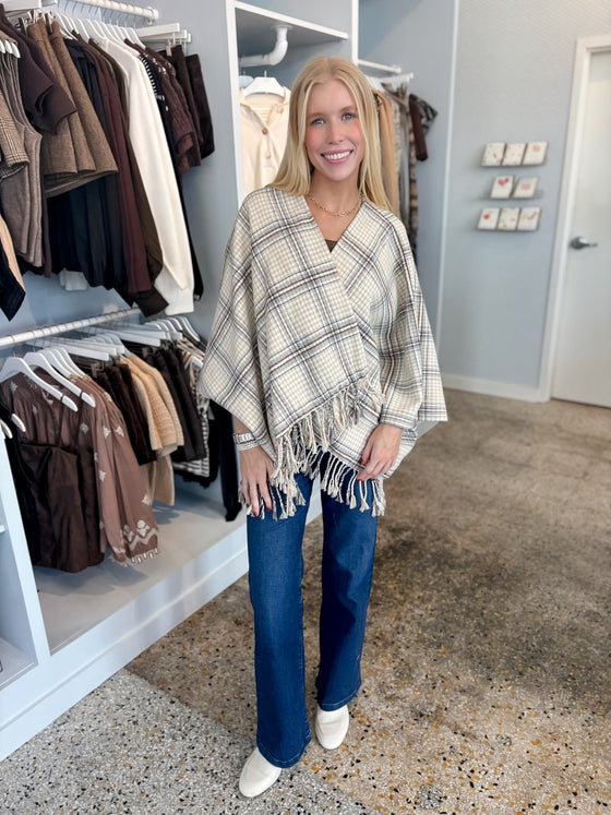 Cedar Plaid Fringe Poncho