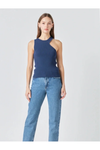 Endless Rose Asymmetric Cutout Rib Knit Tank Top Navy Blue