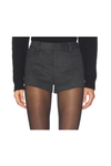 Dark gray mini shorts worn by a women on a white background. 